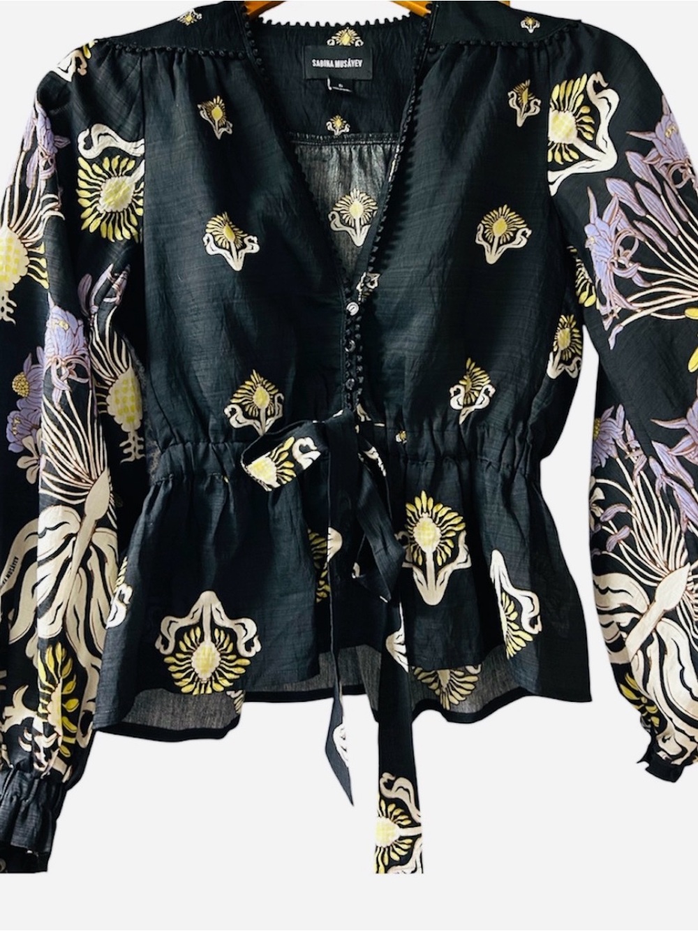 sabina musayev Black Floral Tie-Waist Blouse